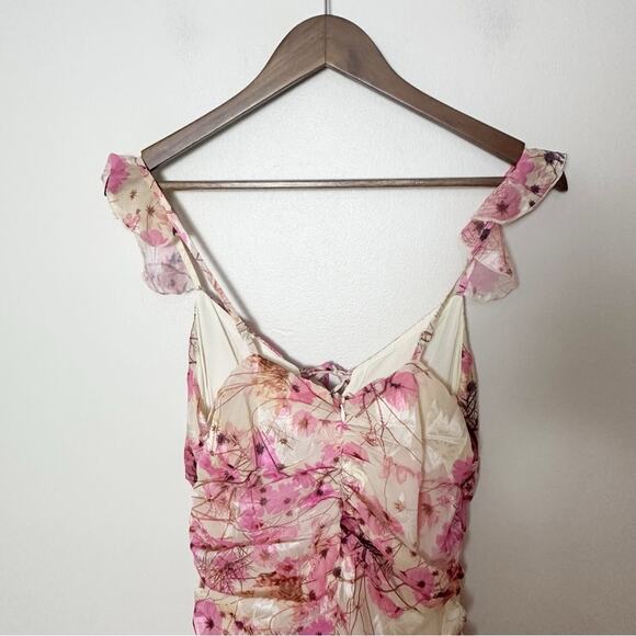 Fanco Pink Floral Ruched Mini Dress Small Ruffle Tie Front Cottagecore Fairy - Picture 8 of 12